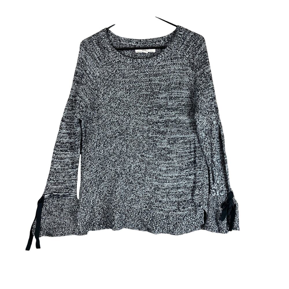 LOFT Womens Sweater Black White Knit Crew Neck Flared Sleeve 100% Cotton M